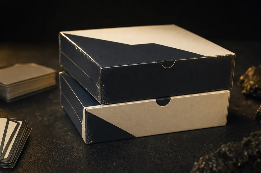 Zwei versiegelte Sammelkarten-Displays in Originalfolie, gestapelt auf dunklem Untergrund.